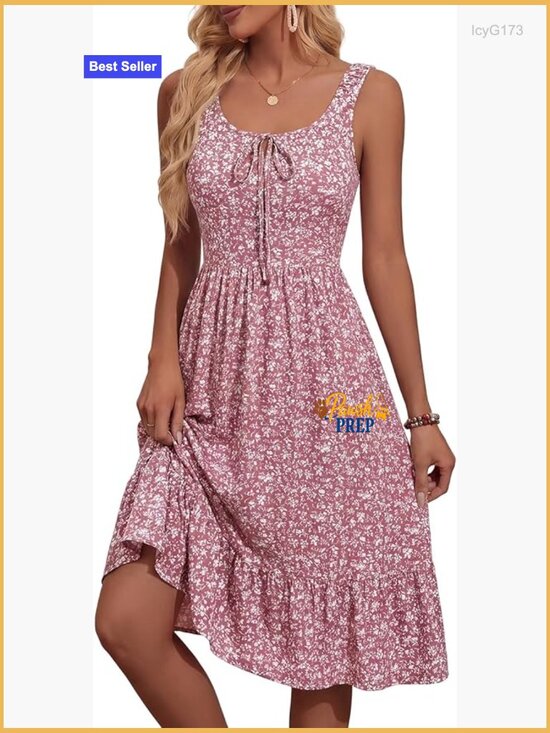 Dresses & Skirts - Summer Midi Dress with Pockets, Elastic Straps, Flowy A-Line